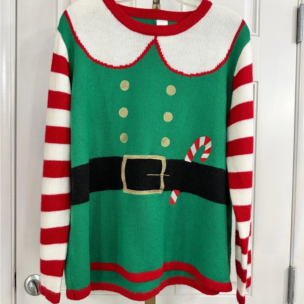 Festive Green Elf Sweater with Red and White Stripes